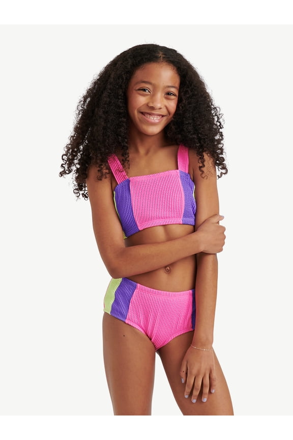 Girls Color Blocked Popcorn Color Bikini Swimsuit , Sizes XS-XL