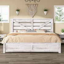 Papajet King Size Farmhouse Bed Frame with Barn Door Headboard, Wood Slats and Storage Space, White