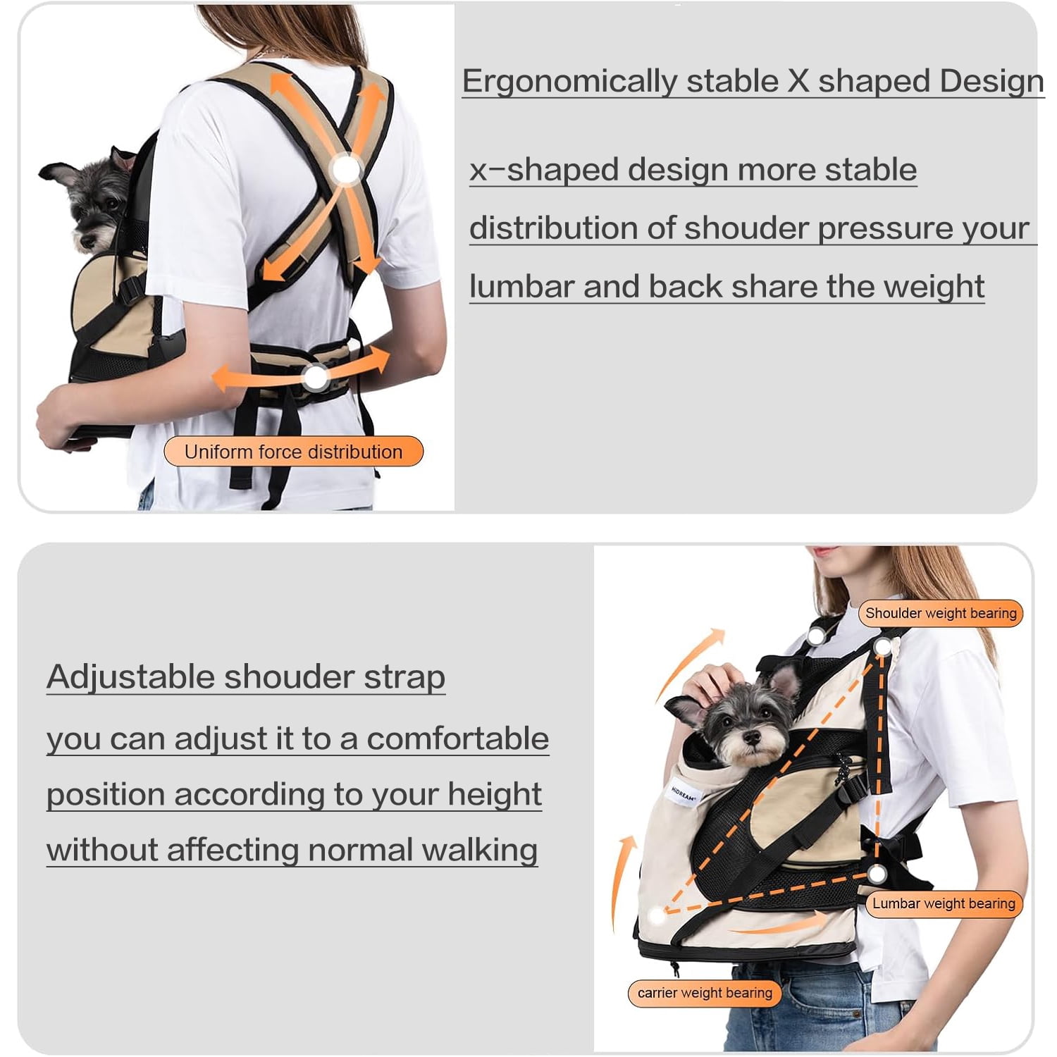 Mochoochoo Lightweight Beige Dog Front Carrier Hand-Free Backpack Medium 2 Pockets