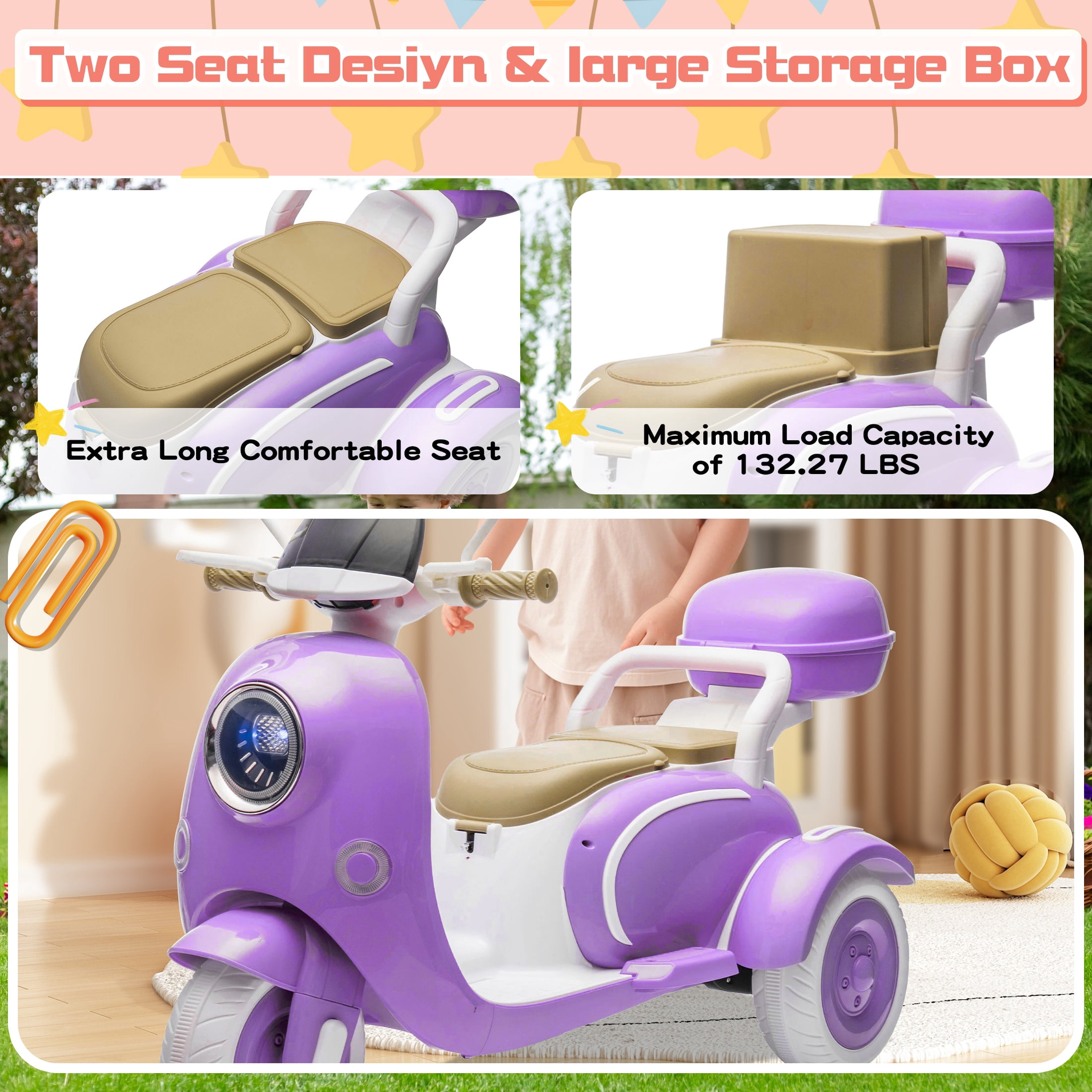 Dvsripa 12V Kids Electric Motorcycle,2 Seater Ride on 3 Wheel Scooter with 2.4G Parental Remote Control,USB,Music,Horn,Light,Big Storage Box,Dual Motor Electric Moped for Kids 3+,Purple
