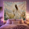 thumbnail image 2 of White Robed Figure Holding Flowers in a Meadow, Peaceful Vintage Style for Art Lovers, Inspirational Wall Decor, New Home Gift, Tapestry Wall Hanging for Bedroom and Dorm, 2 of 7