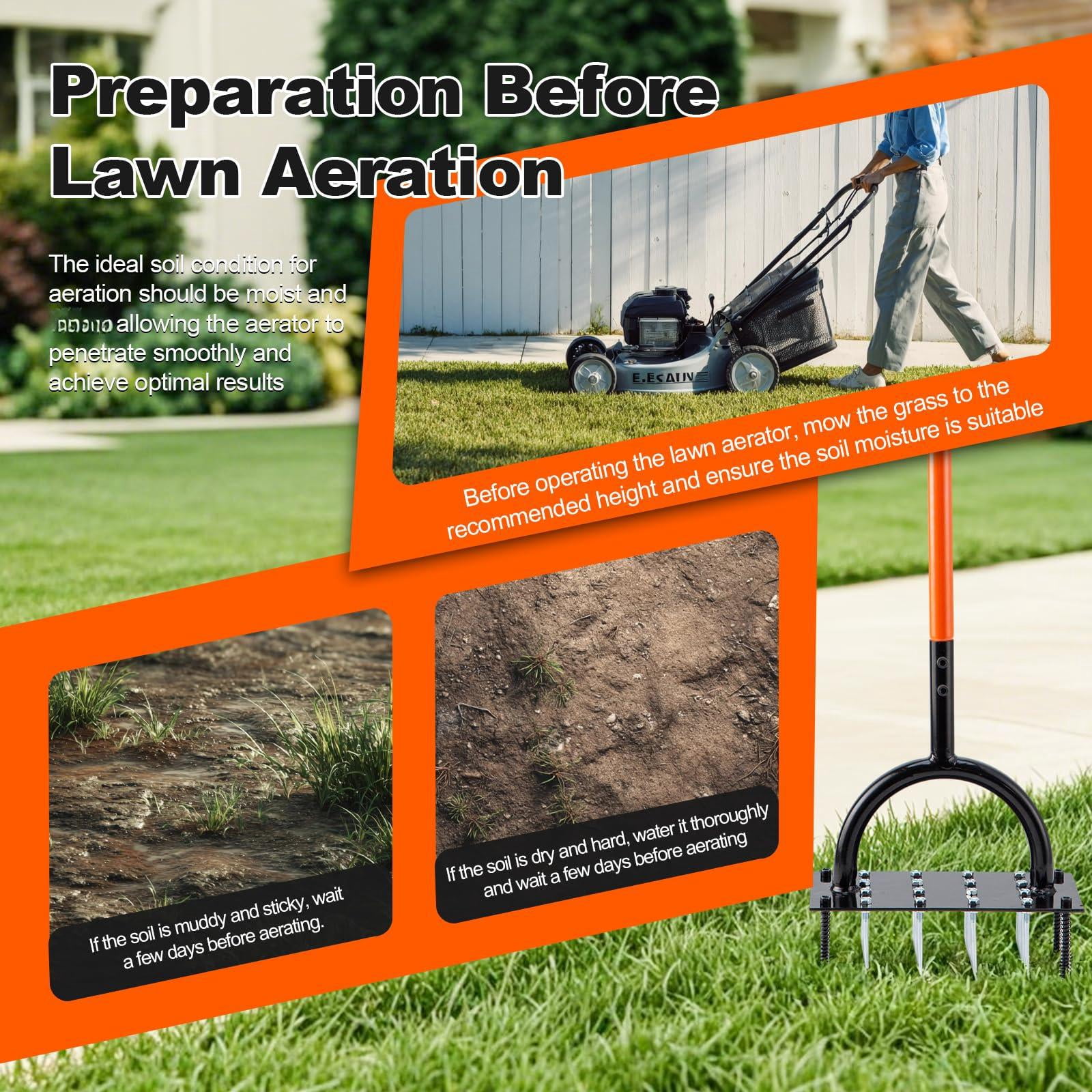 Lawn Aerator Tool - 16 Iron Spikes With T-handle  Automatic Dirt Clean For Soil Loosening & Yard Aeration Manual Metal Grass (black Orange)