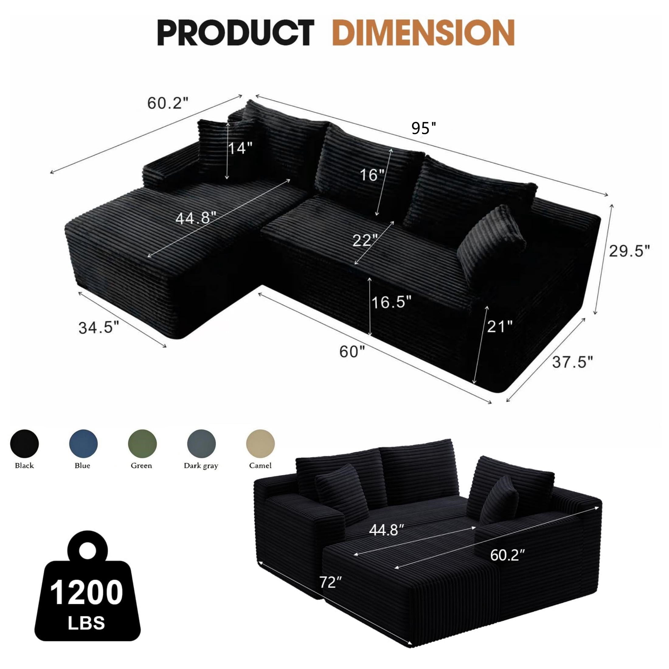 Aukfa 95" Cloud Sectional Sofa Deep Seat Boneless Couch Modular L-Shaped Couch, Left Chaise Corduroy Sofa for Living Room, Black