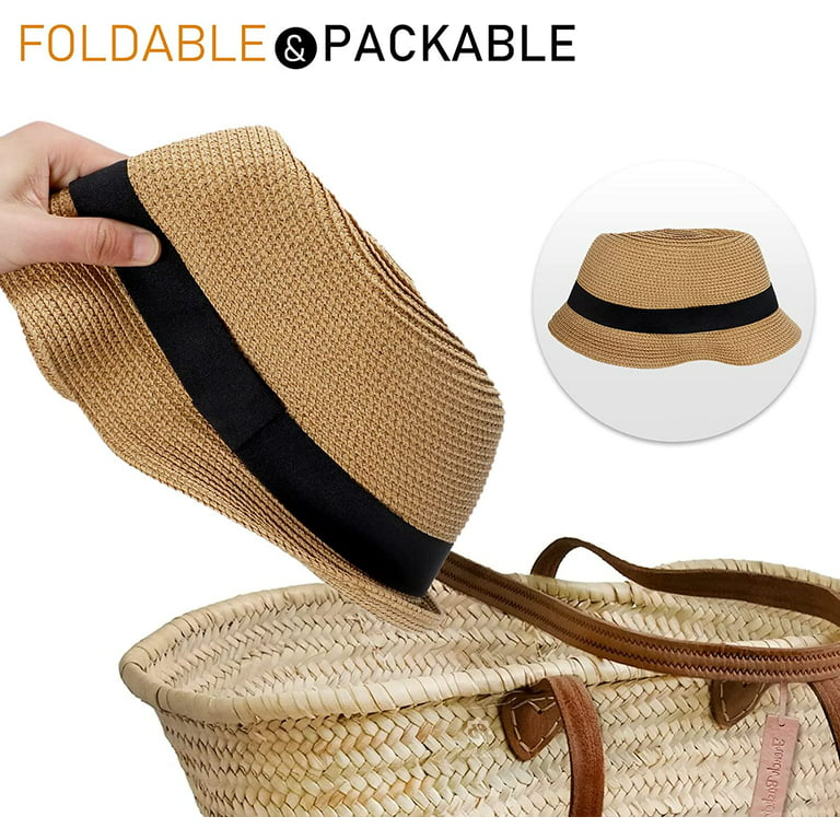 Womens Short Brim Straw Sun Hat Fedora Trilby Hat Panama Men Roll