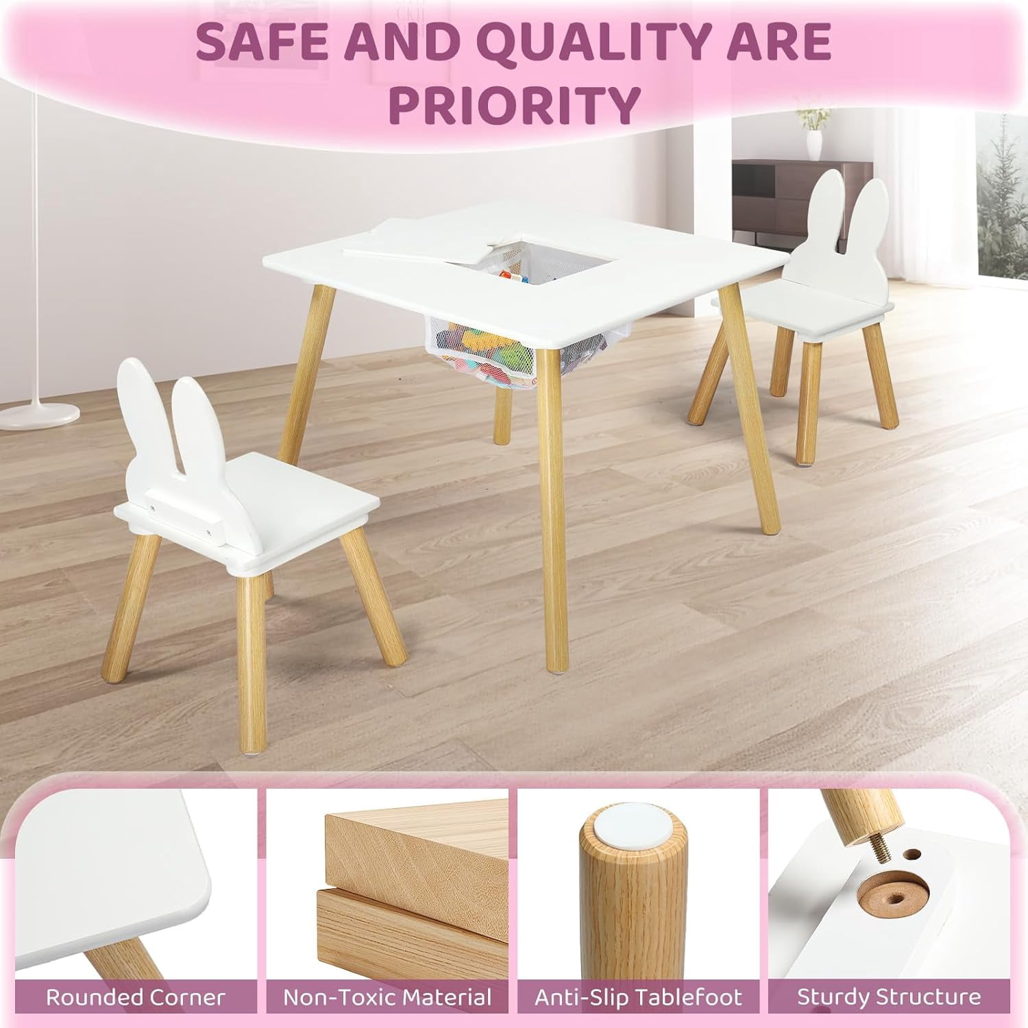 JOYMOR Kids Table and 2 Chairs Set with Storage & Removable Tabletop, Panda Ear Chairs, 3-in-1 Kids ActivityTable for Craft, Playroom Toddler Table and Chair Set for Kids 2-5