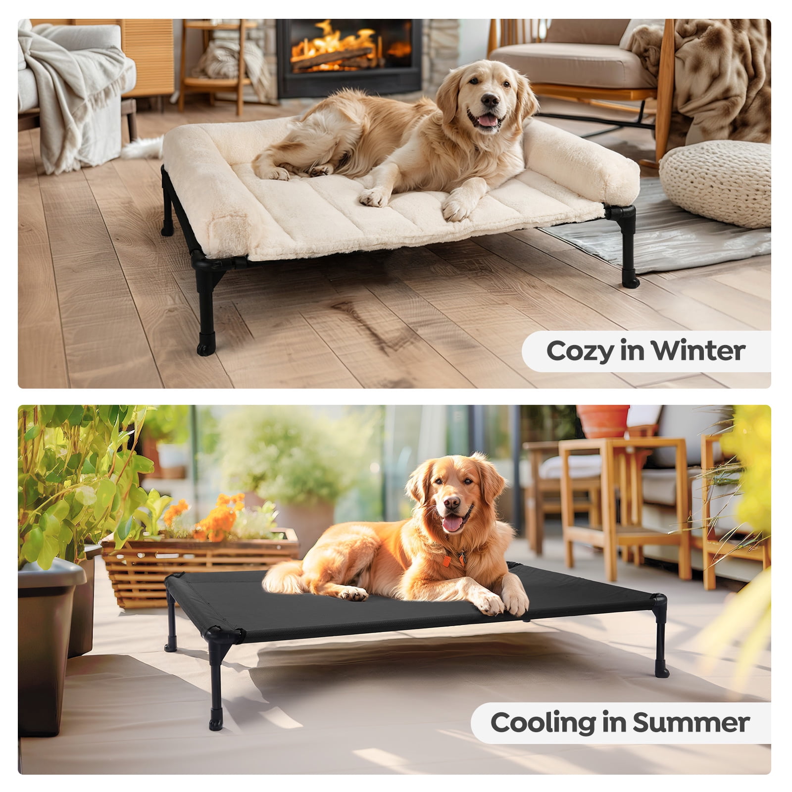 Veehoo Cooling Elevated Dog Bed with Fluffy Plush Bolster Cushion, 42 x 30 inches, Cream White