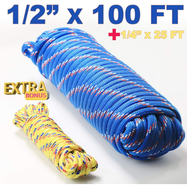 Wellmax Diamond Braid Nylon Rope, 1/2in x 100ft with Bonus 1/4in x25ft Cord UV R