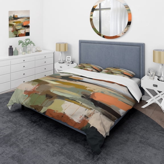Designart "Transcending Reality Green and Beige III" Abstract Painting Bedding Covert Set - Modern Green Abstract Bed Set With 2 Shams