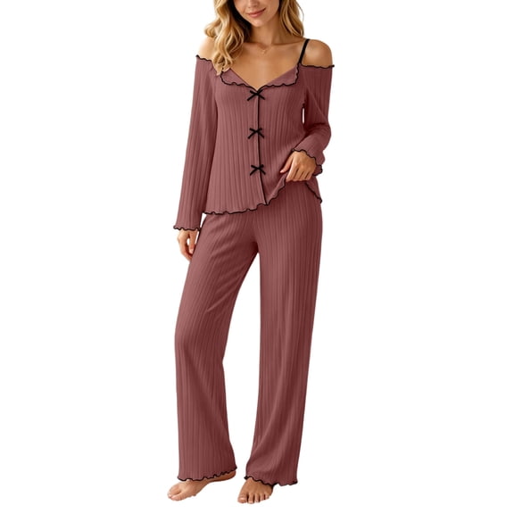 WRKEKC Womens Pajama Sets Off Shoulder Long Sleeve Top with Pants Loungewear Sleepwear Set Soft Cotton Winter Pajama