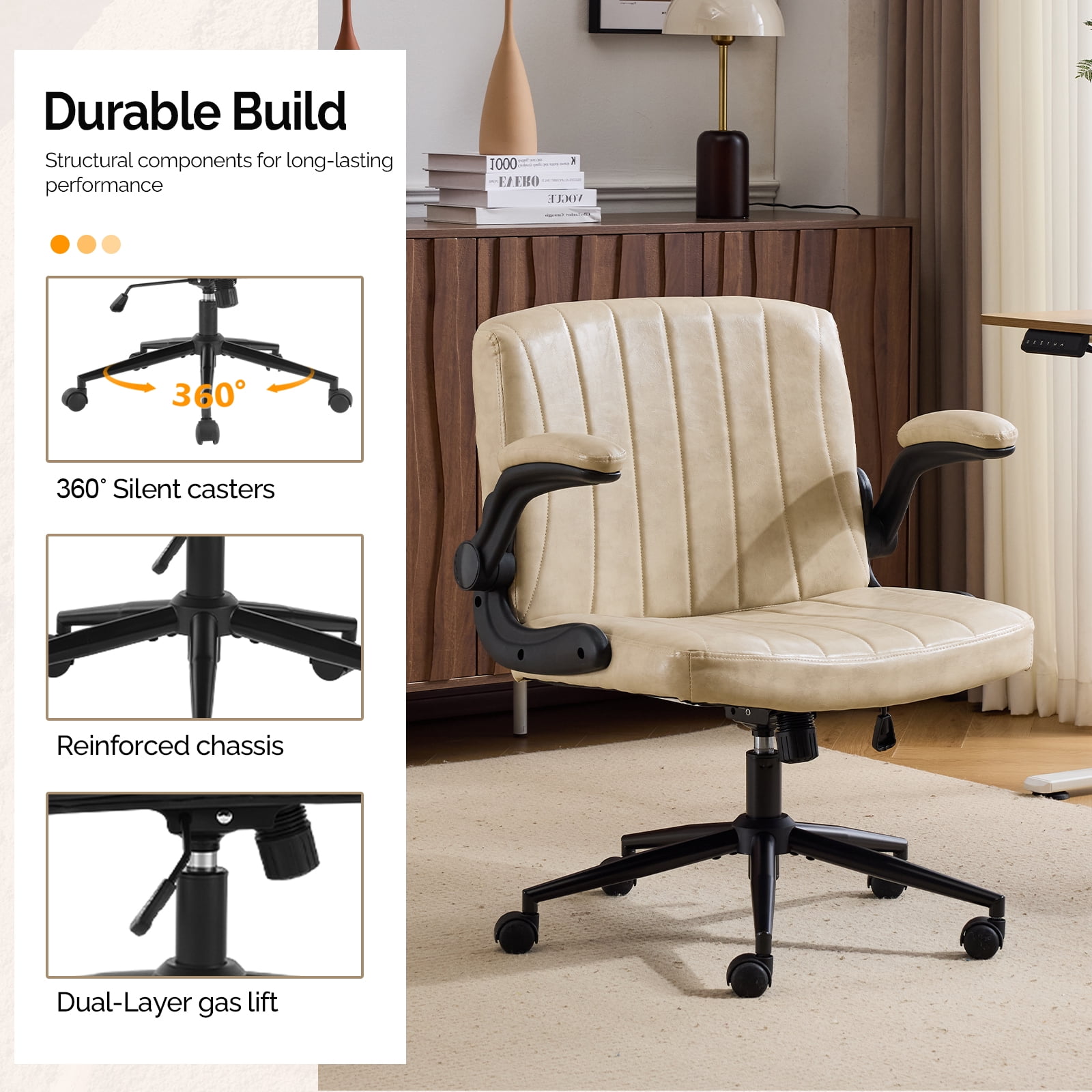 Ktaxon PU Office Desk Chair , Flip-Top Armrest Task Chair on Metal Star Base, Adjustable Height & Quiet Casters for Study Black