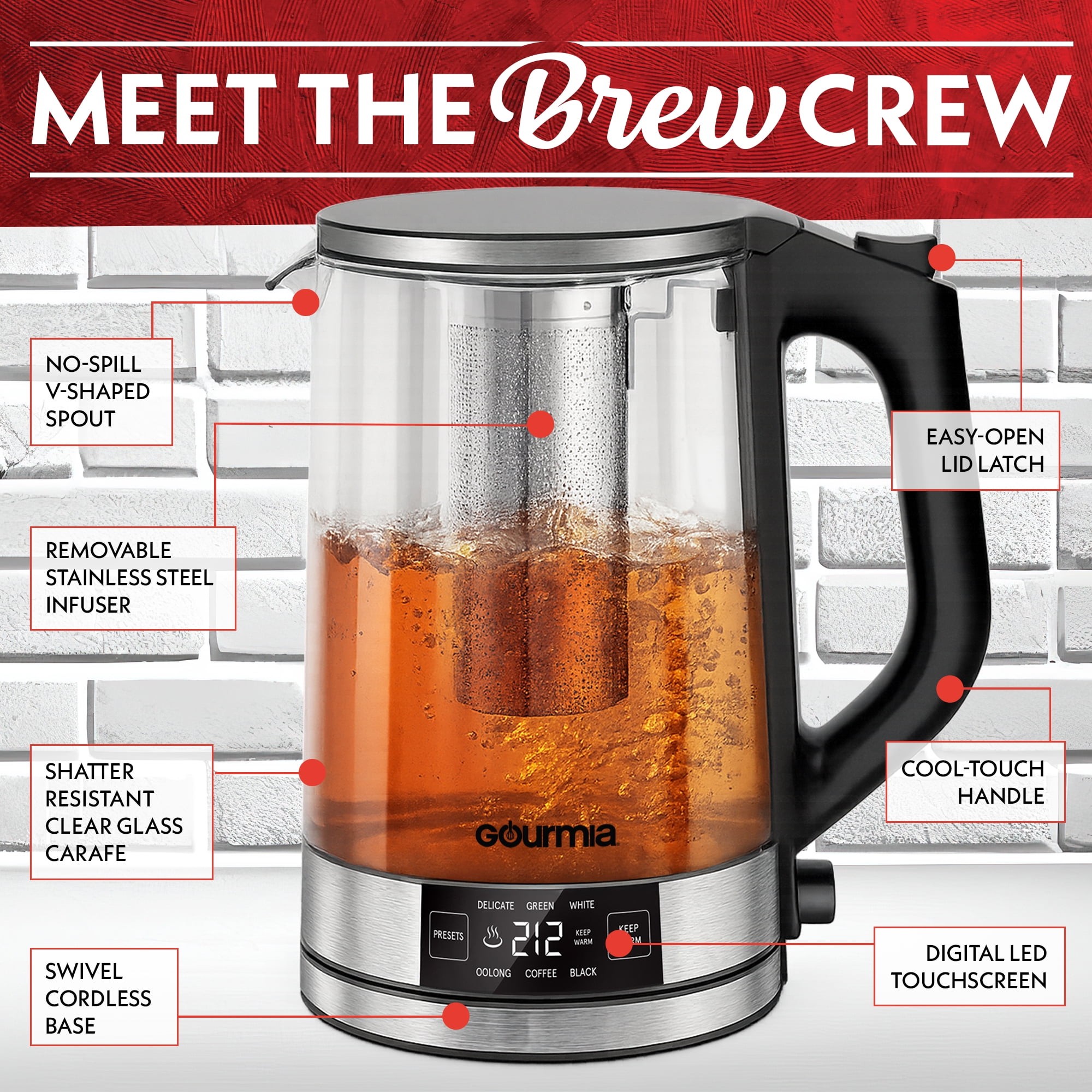 Gourmia 1.7L Programable Glass Kettle with Touch Display, Infuser, Black