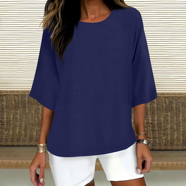 mfyjkho Tops Para Mujer, Camisa Informal De Cuello Redondo Y Manga 3/4 De Color Liso Para Mujer Tops Y Blusas Para Mujer M