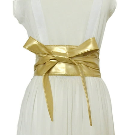 Frogued Women Solid Color Wide Belt Fine Workmanship Bowknot Lace-up Faux Leather Corset Bandage Girdle Waist Band (Golden One Size)