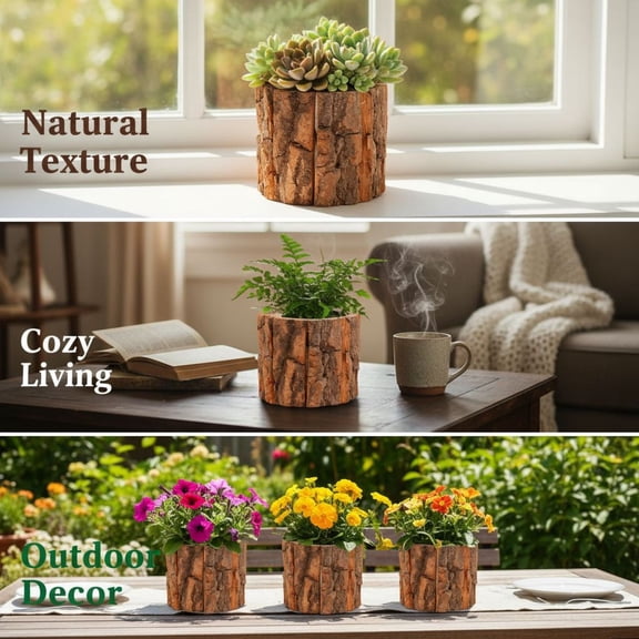 2 Pcs Tree Bark Flower Pots Set, Wood Stump Wooden Decorative Bowl, with Liners, Rustic Planter for Succulents, Plants, Home Decor, Small: 3.5 x 3.1 in / 9 x 8 cm, Large: 4.7 x 3.9 in / 12 x 10 cm