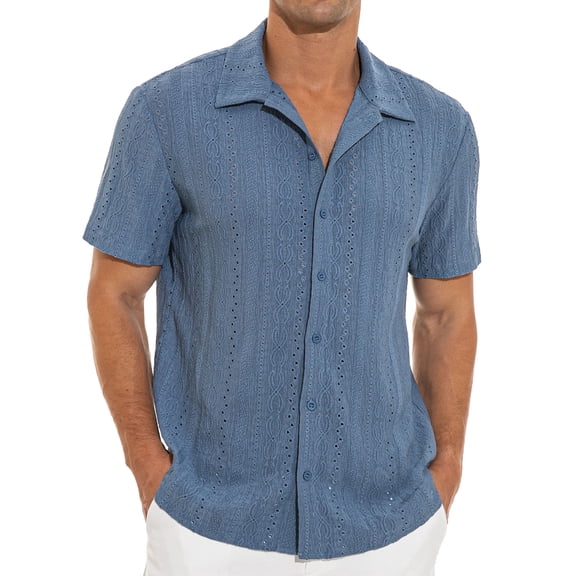 Iceglad Men's Casual Button Down Shirts Short Sleeve Shirts Vacation Beach Summer Hollow Out Tops