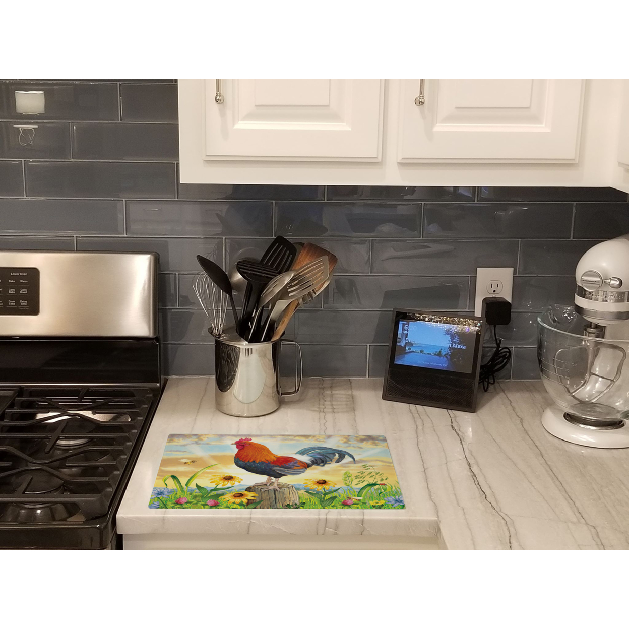 Carolines Treasures PRS4038LCB Rooster At Dawn Glass Cutting Board Large, 12H x 16W, multicolor