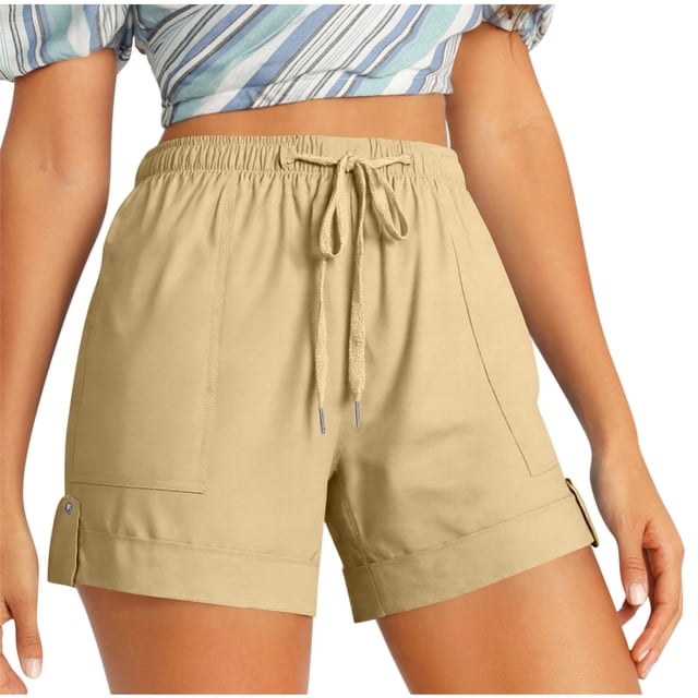 Casual Shorts for Women, Plus Size Elastic Waist with Drawstring and Side Pockets, Loose Fit Polyester Summer Short Pants, Solid Color, Lightweight Breathable