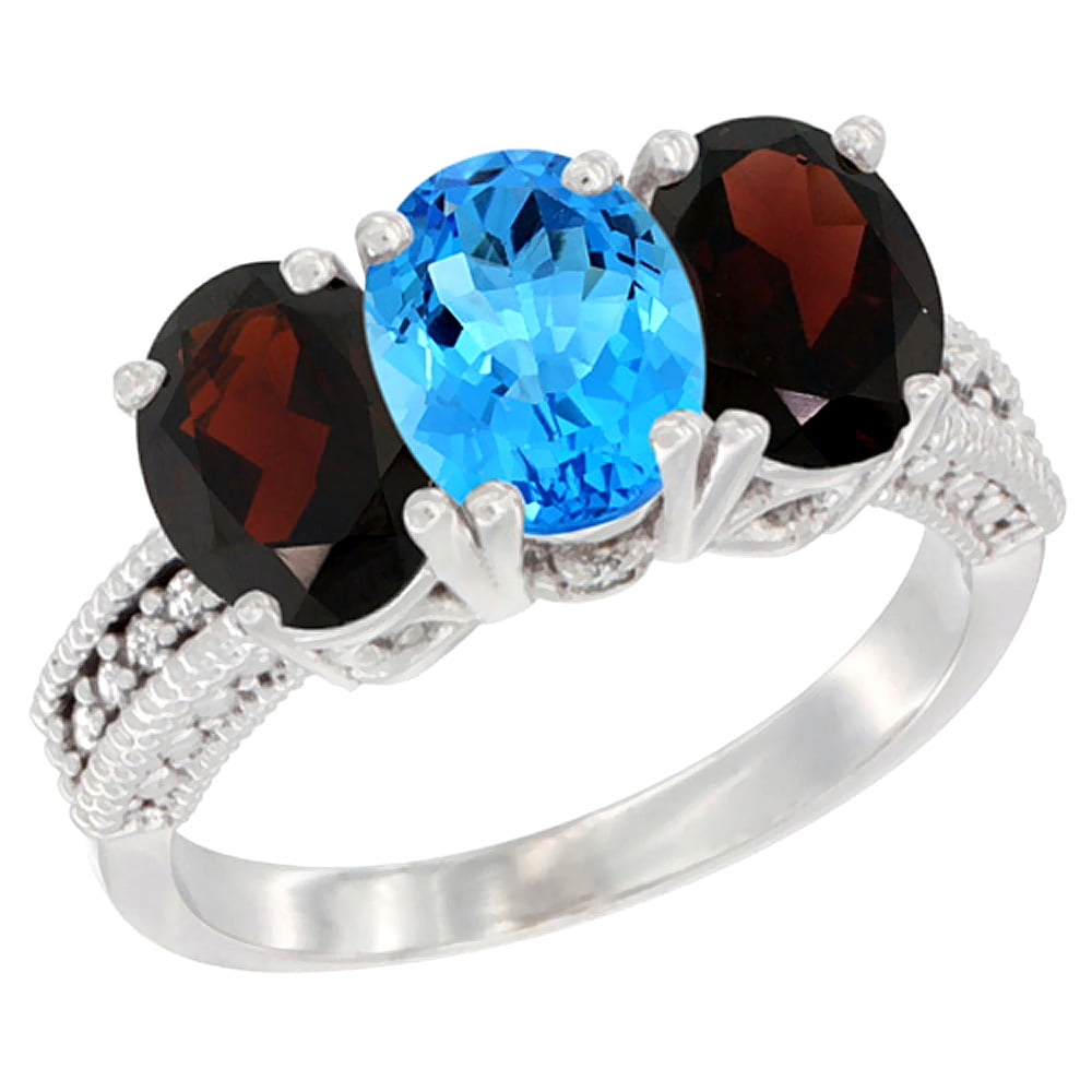 10K White Gold Natural Swiss Blue Topaz & Garnet Sides Ring 3-Stone Oval 7x5 mm Diamond Accent, sizes 5 10 by WorldJewels