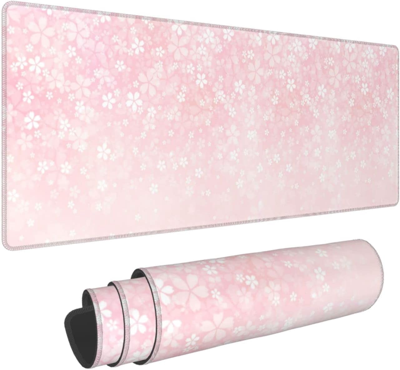Pink Petals Sakura Blossoms Large Mouse Pads Rectangle Long Extended Big Stitched Edge Gaming Mousepad with Non-Slip Rubber Base for Desktop Laptop Keyboard 31.5 X 11.8 Inch
