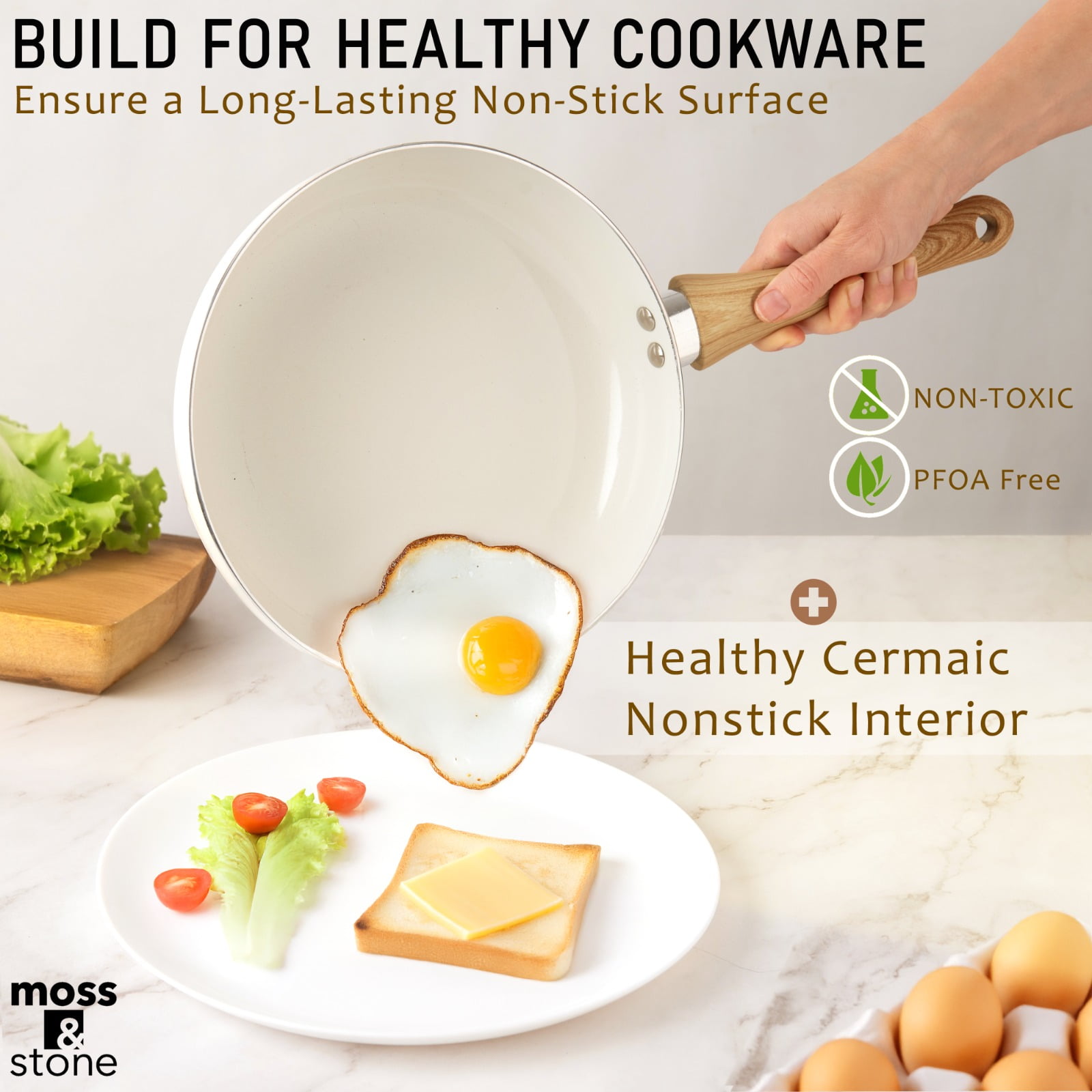 Moss & Stone 6 Piece White Nonstick Cookware Set, Pots And Pans Set Non stick With Glass Lid, Induction Cookware, Stay-Cool Handles, PTFE/PFOA Kitchen Cookware 6-Piece with Frying Pans Set & Saucepan