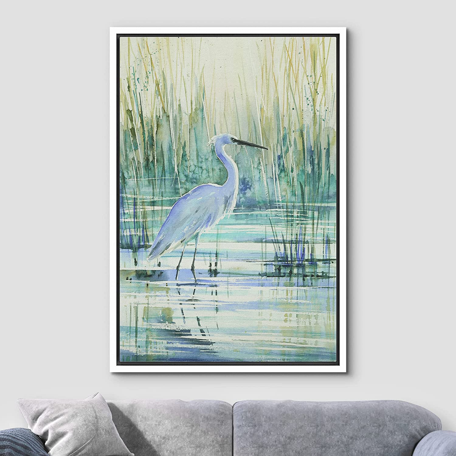 wall26 Framed Canvas Print Wall Art Watercolor Pastel Swamp Crane Bird Nature Wilderness Illustrations Modern Art Decorative Rustic Relax/Calm for Living Room, Bedroom, Office - 24"x36" Whi