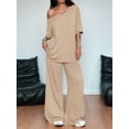 thumbnail image 5 of Women'S 2 Piece Travel Outfits Casual Short Sleeve Knit Sweater Set Wide Leg Pants Lounge Sets Khaki XL, 5 of 8