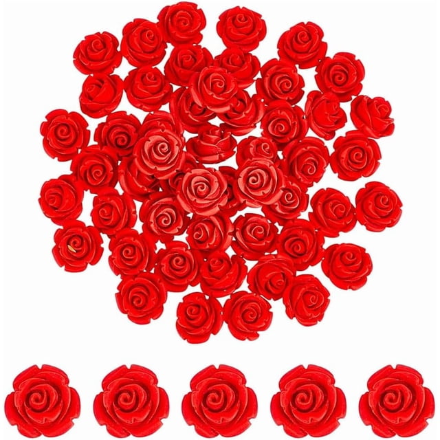 50 cuentas de cinabrio de rosa roja de 12,5 mm para tallar flores, sueltas, espaciadoras florales de rosa a granel