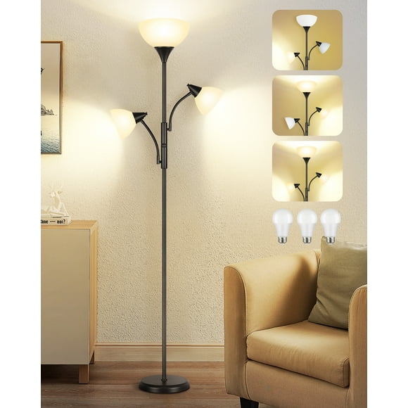 OUTON Torchiere Floor Lamp with Reading Light for Living Room, LED Standing Lampwith Remote Control for Bedroom, Modern Tall Reading Light, Black