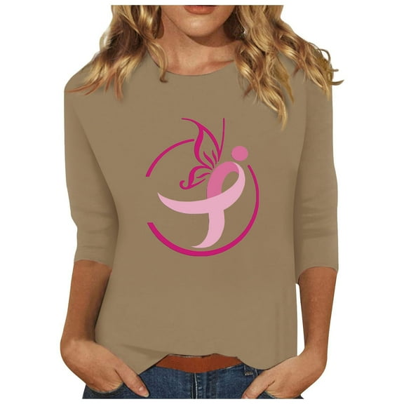 IROINNID Breast Cancer Pullover for Women Breast Cancer Awareness Loose Printed Loose T-shirt 3/4 Sleeves Blouse Round Neck Tops,Khaki