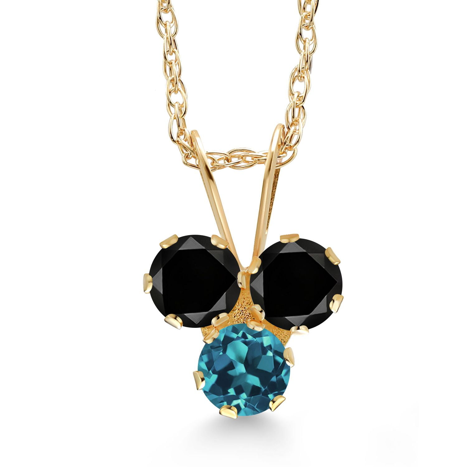 Gem Stone King 14K Yellow Gold Black Diamond and London Blue Topaz 3-Stone Pendant Necklace for Women (0.33 Cttw, Gemstone April Birthstone, Round 3MM, 18 inch Chain)