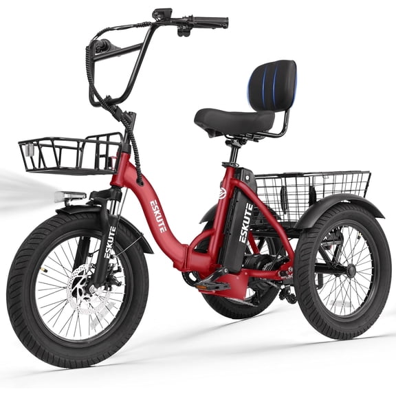 ESKUTE Red E Trike Electric Bike, Peak 1200W Brushless Motor Folding Trike 18X3.0 Fat Tire Ebike, 499Wh Removable Battery, Step-Thru 3 Wheel Electric Bicycle, 48V 13AH 18MPH Tricycle for Adults