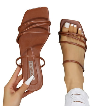 

nsendm before Christmas Slippers for Women Women Flat Strap Open Toe Slippers Square Pillow Slide Slippers for Women Brown 7.5