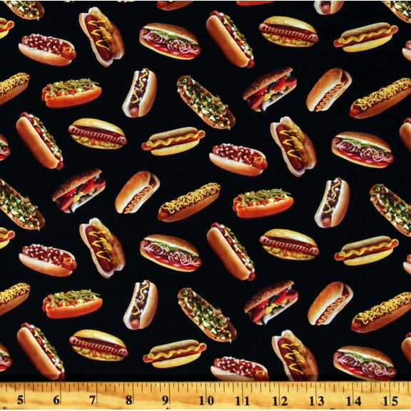 Cotton Hotdogs Barbeque Picnic Cookout Food Chow Time Favorite Foods Black Cotton Fabric Print by the Yard (702-BLACK)