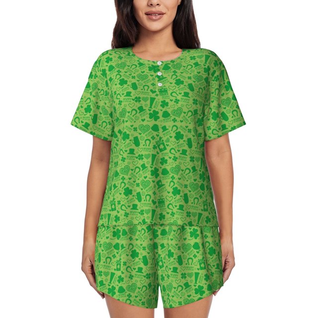 Balery St Patrick's Day Conjunto de Pijama para Mujer con Estampado, Dos Piezas de Manga Corta y Shorts, Ropa de Dormir Suave con Cuello Redondo y Bolsillos-X-Large