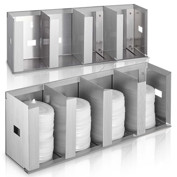 Hicarer 4 Compartments Stainless Steel Cup Dispenser with Adjustable Dividers Silver Cup and Lid Holder Lid Organizer Storage for Cabinet Kitchen Caf