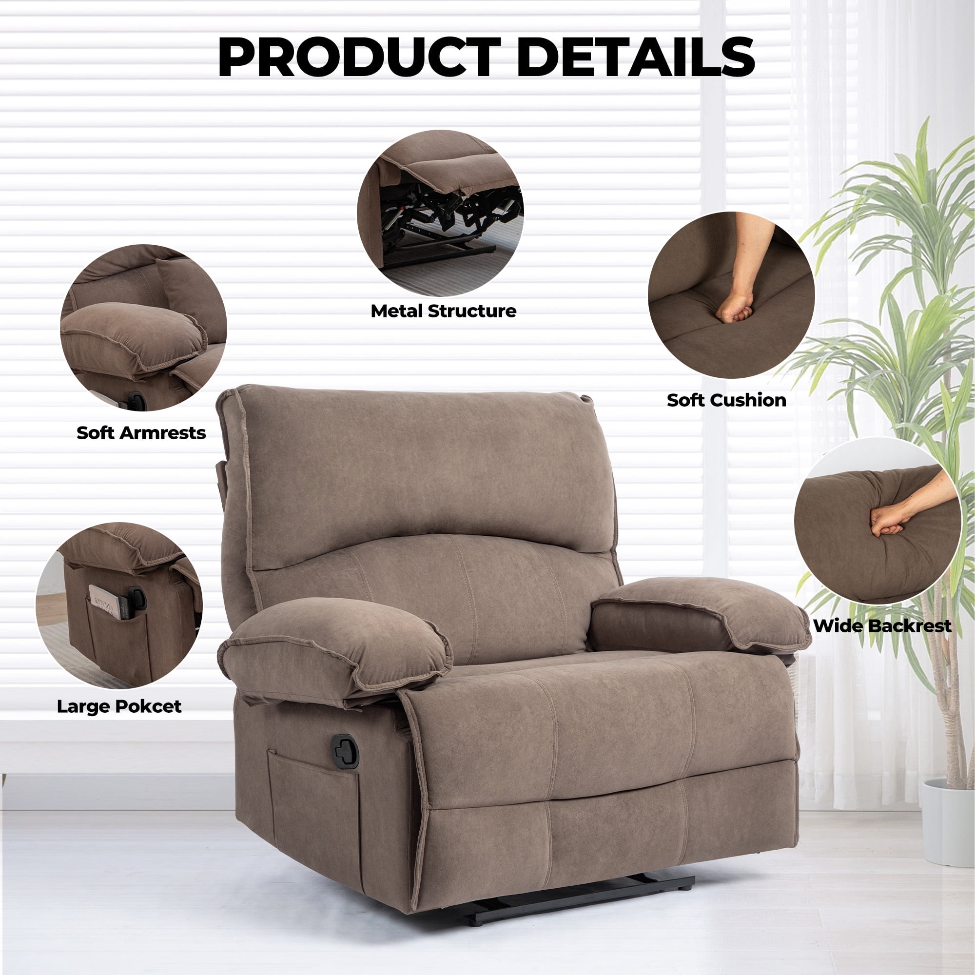 Oversized Manual Recliner Chair for Elderly, Push-Back Recliners for Adults,Brown