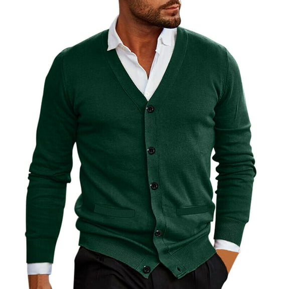 Bcfgryg Mens Casual Slim Fit Cardigans V-Neck Basic Designed Long Sleeve Button Down Green