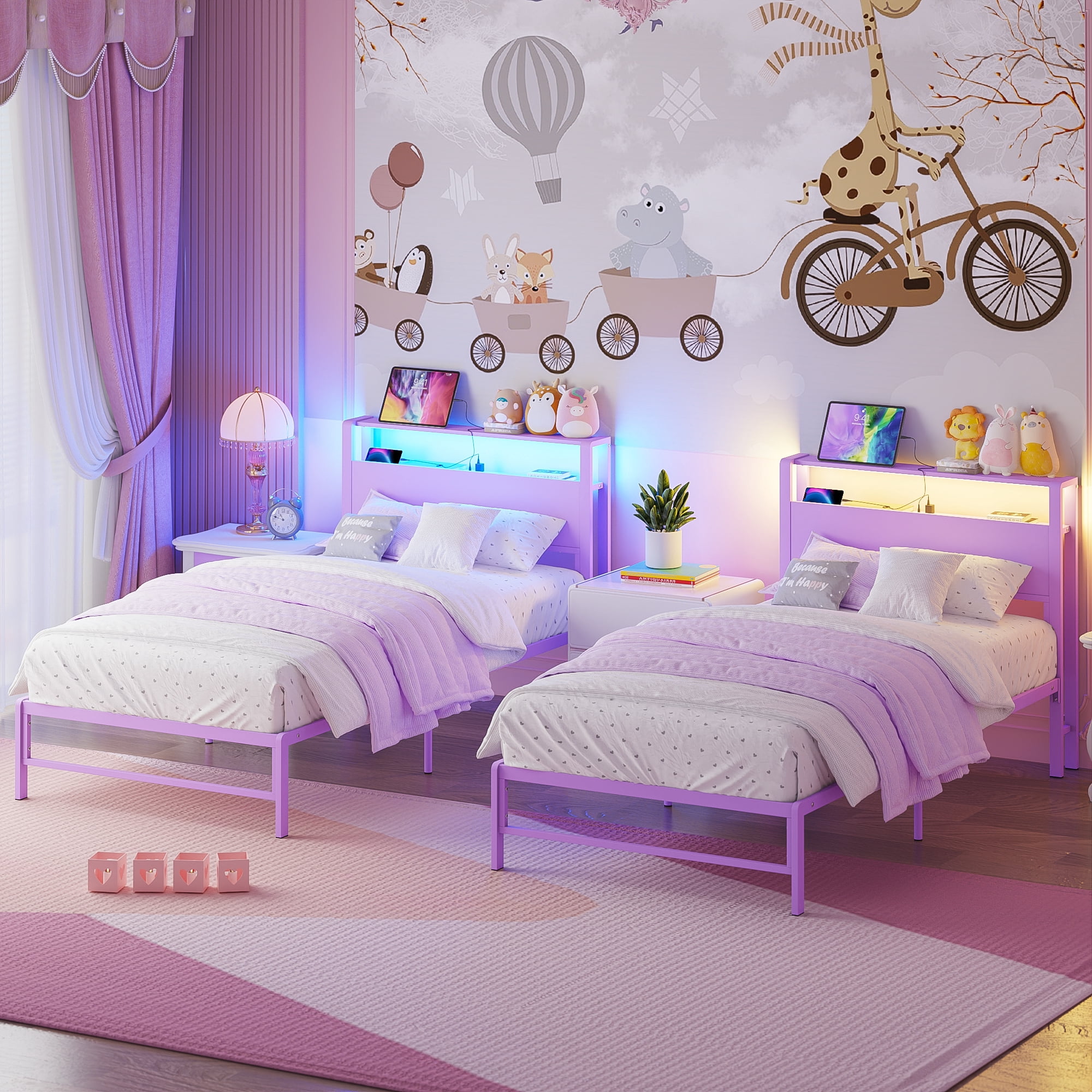 Yoneston Power Outlet LED Light Twin Metal Platform Bed Frame with 2-Tier Storage USB Charging Station Headboard for Kids Girls Teens Child, Purple