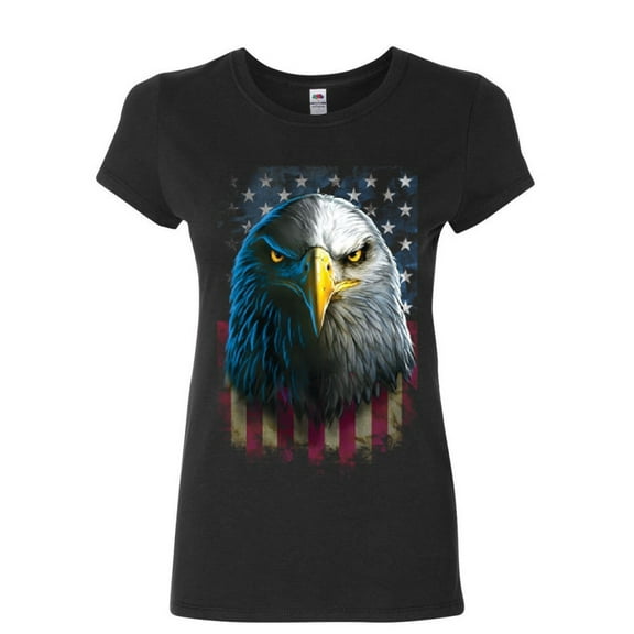 Tee Hunt Bald Eagle Stare Women's T-Shirt 4th of July USA Stars and Stripes Flag Shirt
