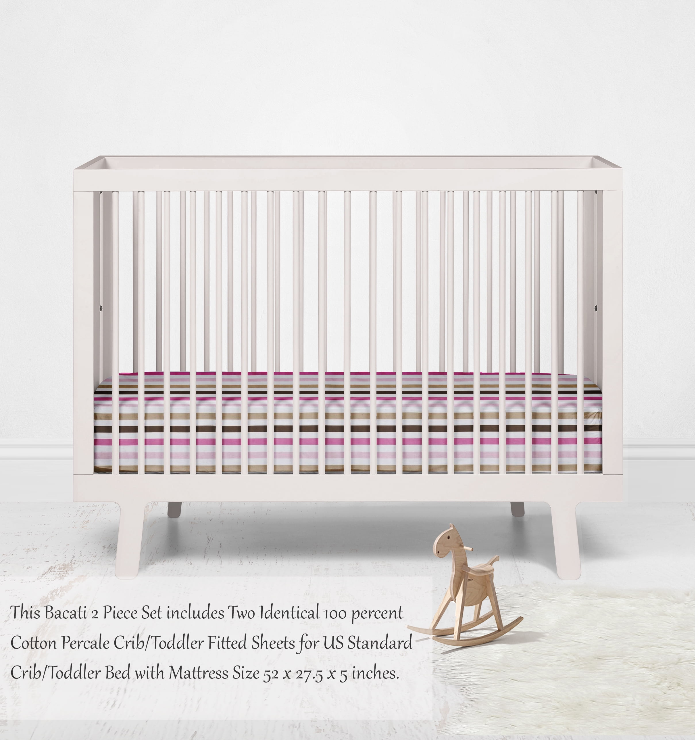 Bacati - Mod Stripes Crib/Toddler Bed Fitted Sheets 100% Cotton Percale, Pink/Choc, 2-Pack