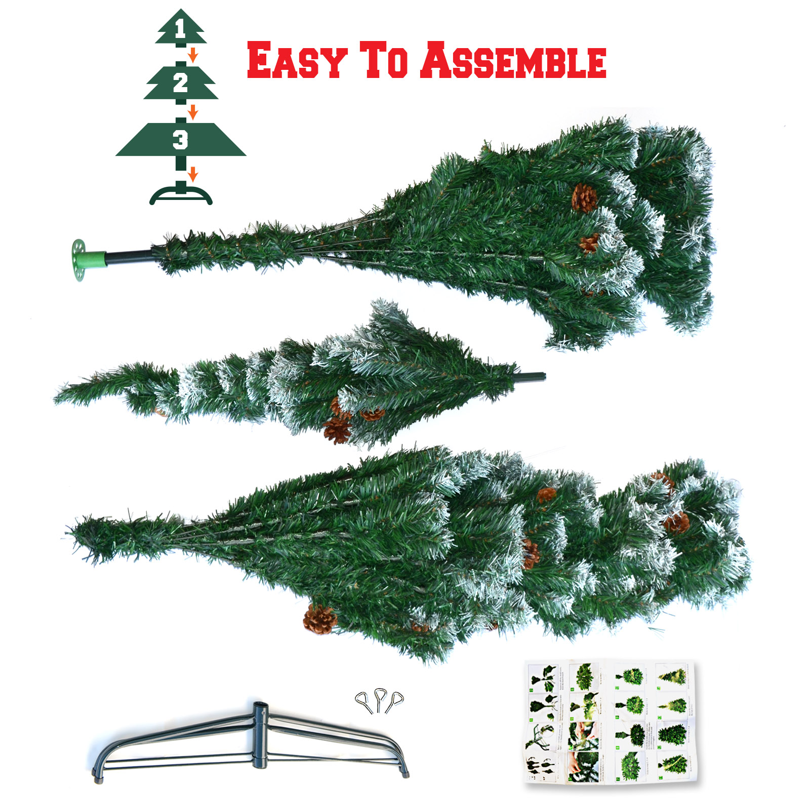 Sunrise 5' 6' 7' 7.5' Snow Tipped Christmas Tree with Pine Cones and Steel Stand -Unlit (7' with 1003 Tips and 39 pinecones)