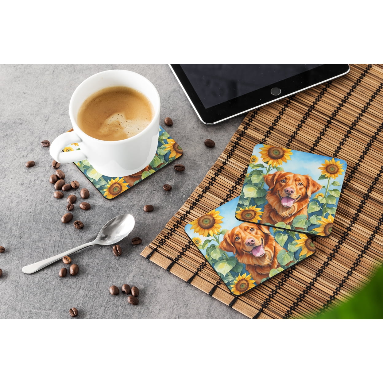 Nova Scotia Duck Toller in Sunflowers Foam Coasters 3.5 in x 3.5 in