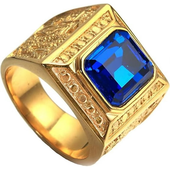 HIJONES Men's Stainless Steel Square Multicolor Gemstone Ring Engraved Chinese Gold Dragon Classic Vintage Jewelry Blue Size 12