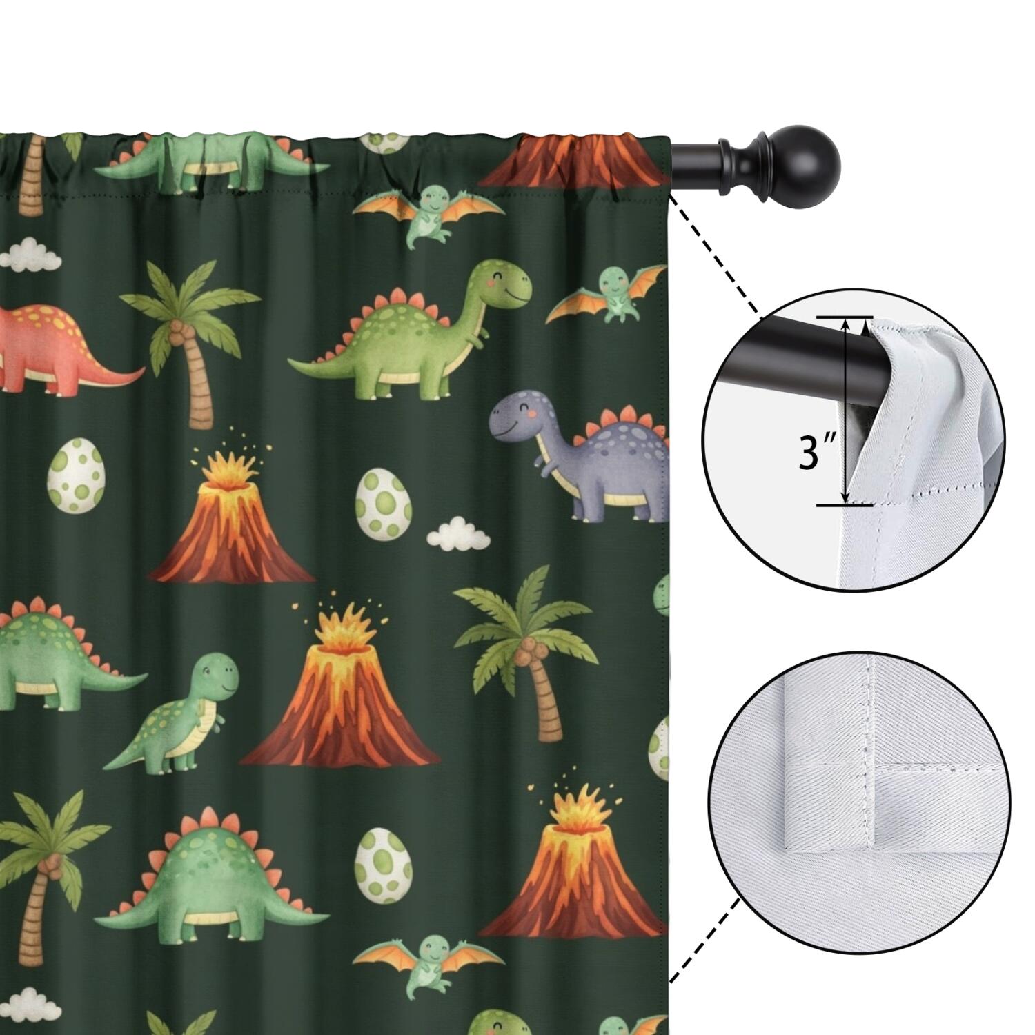 Blackout Kids Curtains,Dark Green Toned Dinosaur and Volcano Pattern Childrens Insulated Curtains Set Of 2,Bedroom Essentials,Toddler Room Decor 42"x63"