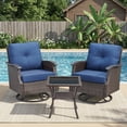 thumbnail image 3 of Opohoro 3 PCS Outdoor Swivel Chair Set with Square Side Table, Brown PE Rattan Patio Rockers with Steel Armrests and Blue Cushions for Porch or Backyard, 3 of 12