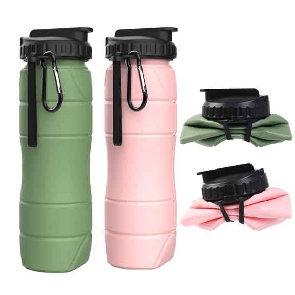 2‑Pack Collapsible Silicone Water Bottles, 22oz Foldable Leak‑Proof Travel Water Bottle with Straw & Carabiner for Gym, Hiking, Camping