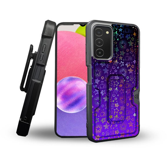 ANJ  Rugged Shockproof Holster Case Card Slot Kickstand   Tempered Glass Cover for Samsung Galaxy A03s - Purple Stars