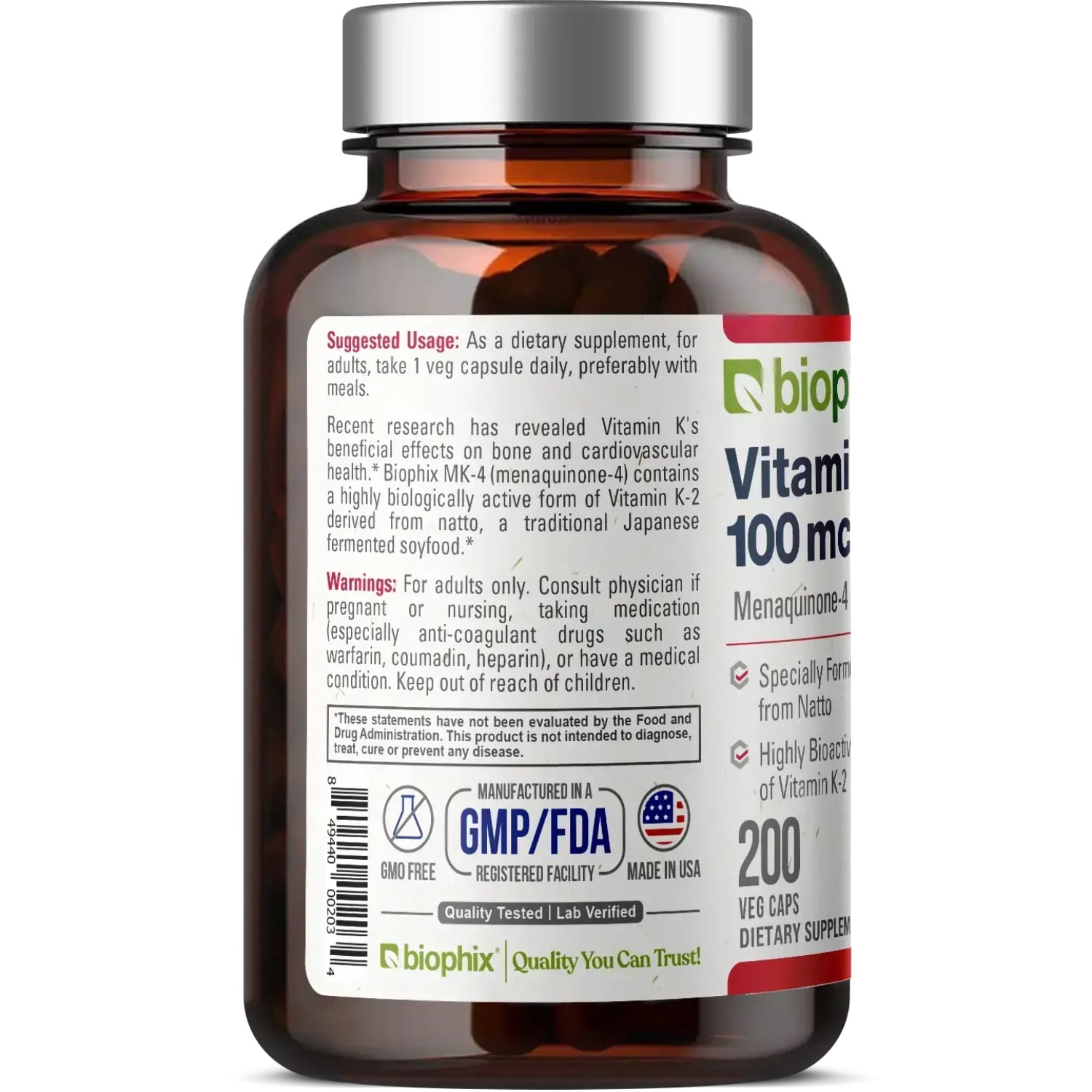 Biophix Vitamin K2 MK-4 100 mcg with Alfalfa - 200 Caps for Bone Health & Immune Support
