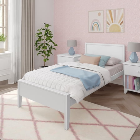 Max & Lily Twin Bed Frame with Headboard  Classic Wood Adult Platform Bed  White