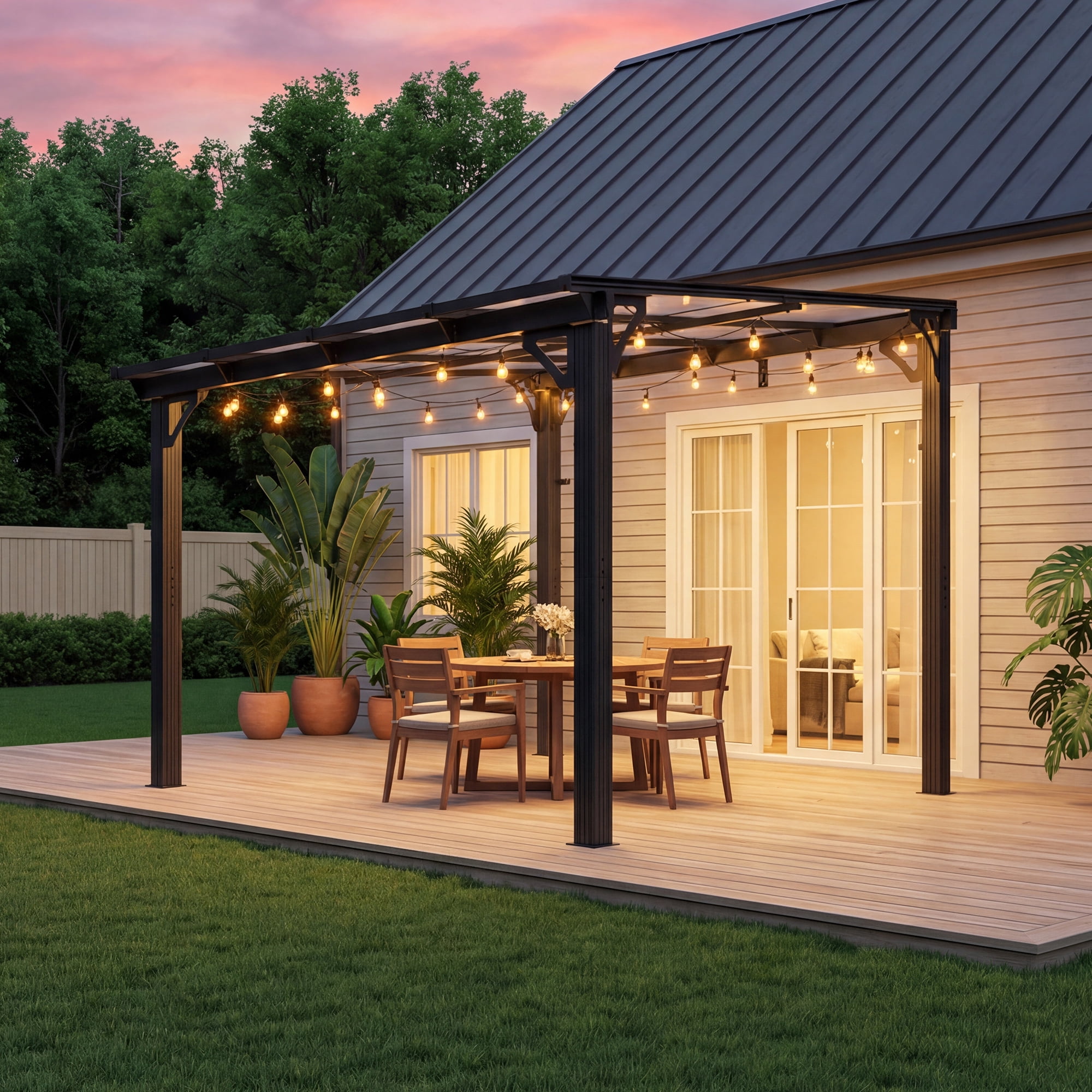 NETAJE 10'x8' Wall Mounted Pergola, Permanent Hardtop Aluminum Gazebo with Polycarbonate Roof for Patio Backyard Deck